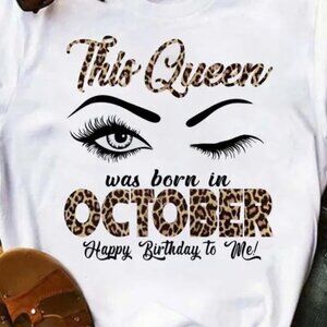 OCTOBER Birthday Queen Leopard Letter Print Short Sleeve Women T-Shirt Size Larg